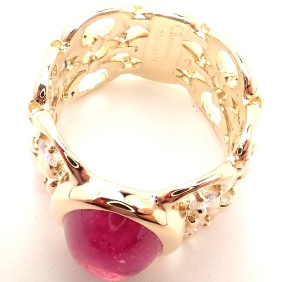 Authentic Christian Dior 18k Yellow Gold Diamond Large Pink Tourmaline Band Ring - Picture 7 of 9